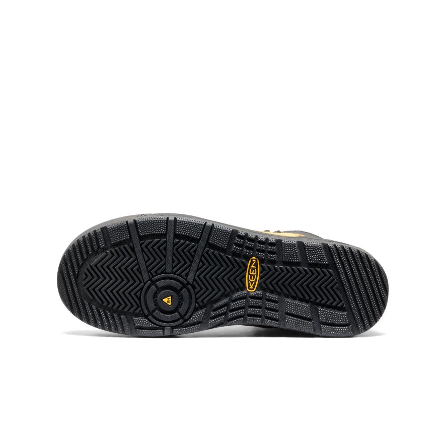Black and yellow work boot sole on a white background