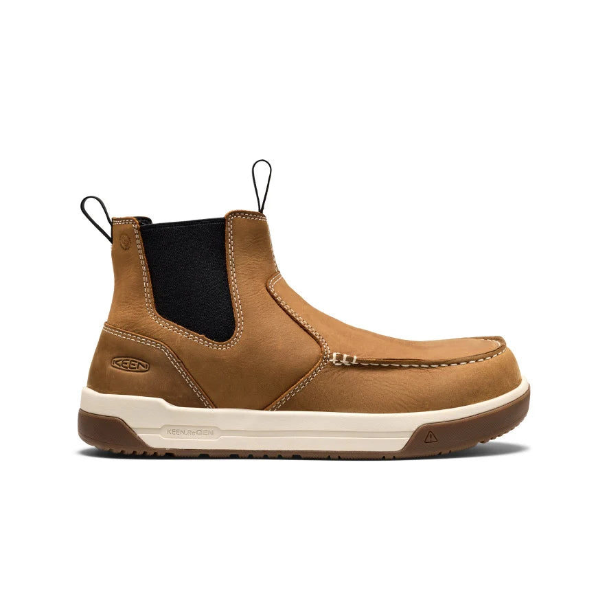 Brown Chelsea boot with a white sole on a white background