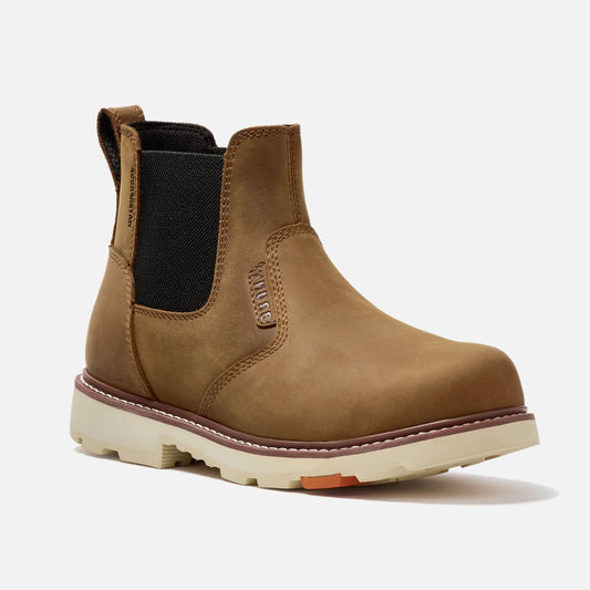 A single brown suede Chelsea-style boot with elastic side panels, a pull tab, and a chunky off-white lug sole, photographed on a clean white background.
