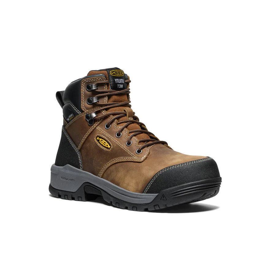 Brown and black work boot with brand logo on a white background
