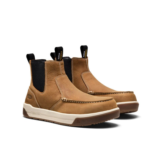 Pair of brown boots with black accents on a white background